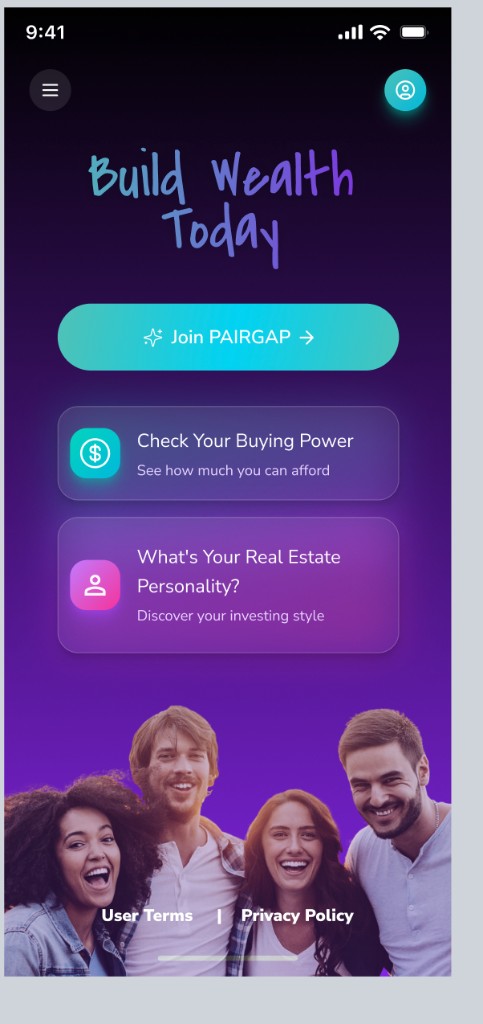 Pairgap Android app — home with buying power and personality discovery