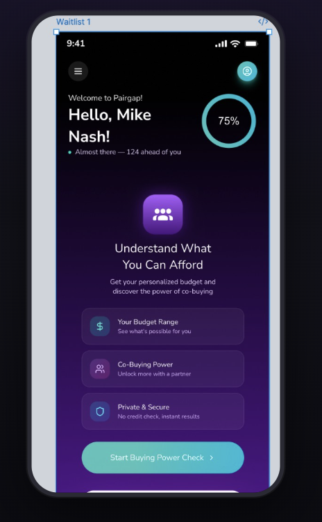 Pairgap iOS app — personalized welcome, waitlist progress, and buying power entry